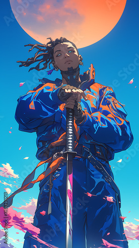 cyberpunk african male anime using katana