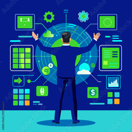 Businessman interacts with virtual radar screen in concept of finding the right marketing loacations for business investment 