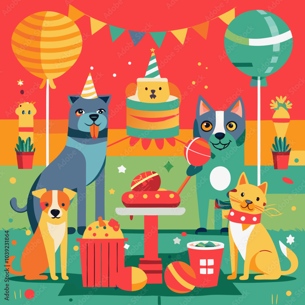 Naklejka premium Fun pet birthday card mockup, Four joyful dogs wearing party hats, surrounded by balloons and confetti, celebrating a festive occasion.