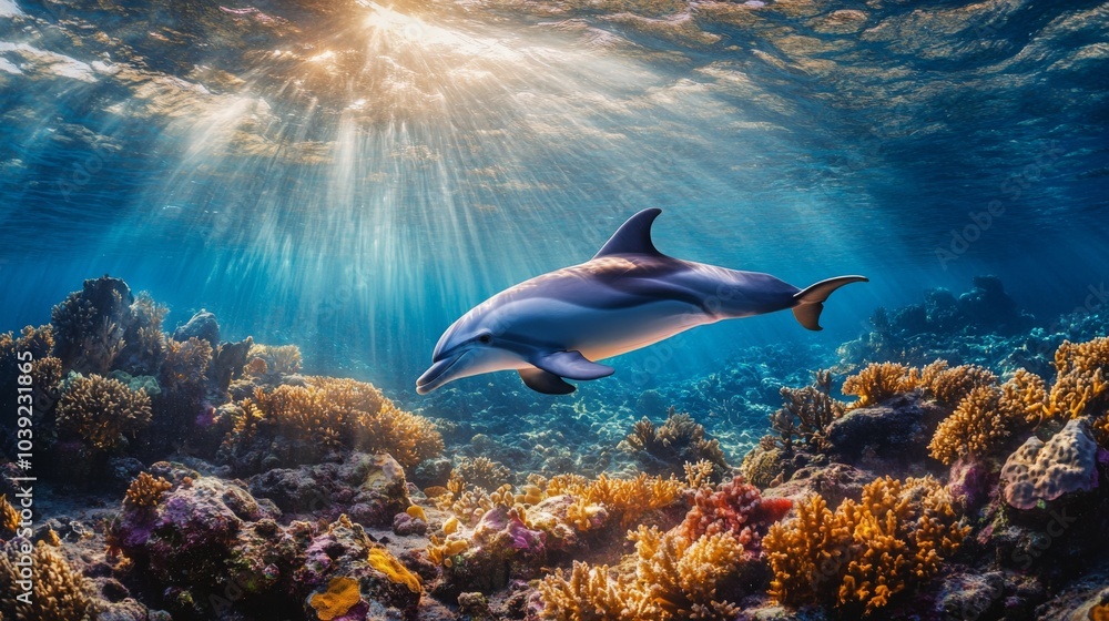 Dolphin Swimming Through Vibrant Coral Reef Dolphin Swimming Through Vibrant Coral Reef