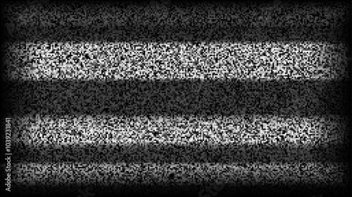 TV static noise background. Glitch pixel television screen. Lost or bad TV signal VHS video with black stripes wallpaper. White noise grain. CRT tv screen with interferences and glitches. Vector