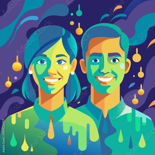 a woman' s moderate smiling face and a man's moderate smiling face with turquoise blue and gold pouring paint color and there are a lot of drop of rain on their face
