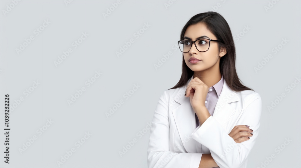 Portrait of a young, beautiful businesswoman and doctor wearing a white coat and glasses, standing with her hand on her chin, as if deep in thought. Portrait of a young, beautiful businesswoman and doctor wearing a white coat and glasses, standing with her hand on her chin, as if deep in thought.