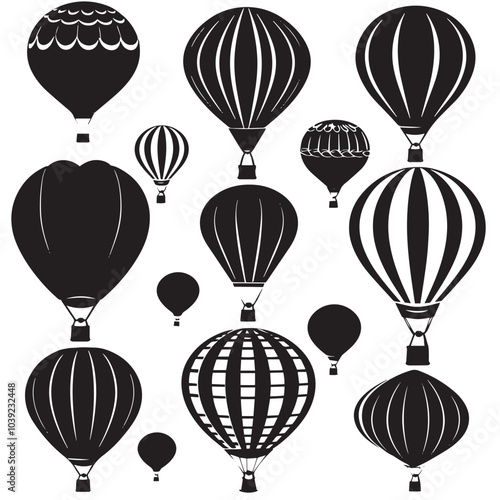 A set of vector silhouettes of hot air balloons , black silhouettes isolated on white background
