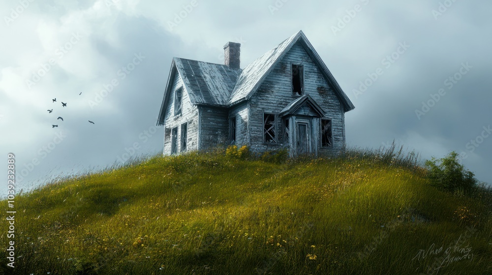A long-abandoned schoolhouse standing alone on a windswept countryside hill, with peeling paint and shattered windows, the surrounding fields overgrown with wild, untamed grass. A long-abandoned schoolhouse standing alone on a windswept countryside hill, with peeling paint and shattered windows, the surrounding fields overgrown with wild, untamed grass.