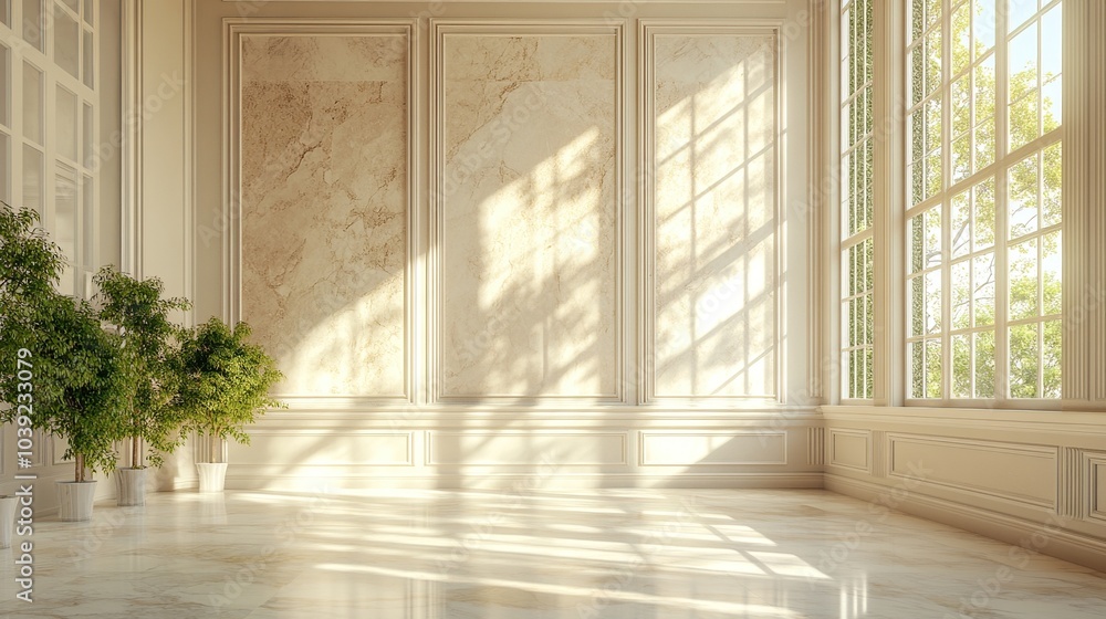 Fototapeta premium Sunlit Room with White Walls and Marble Floor