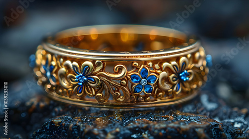 Gold Ring with Blue Flowers and Stones - Macro Photography