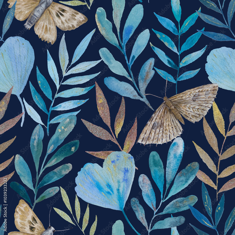 Watercolor seamless pattern with golden shimmering leaves and moths for ...