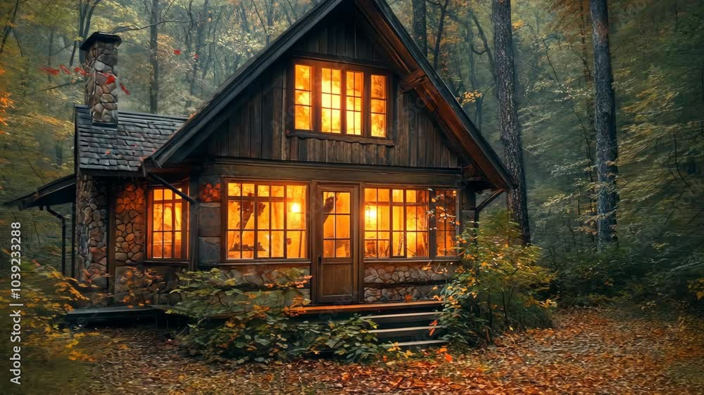 A cozy cabin nestled in the woods with warm lights illuminating the windows A cozy cabin nestled in the woods with warm lights illuminating the windows