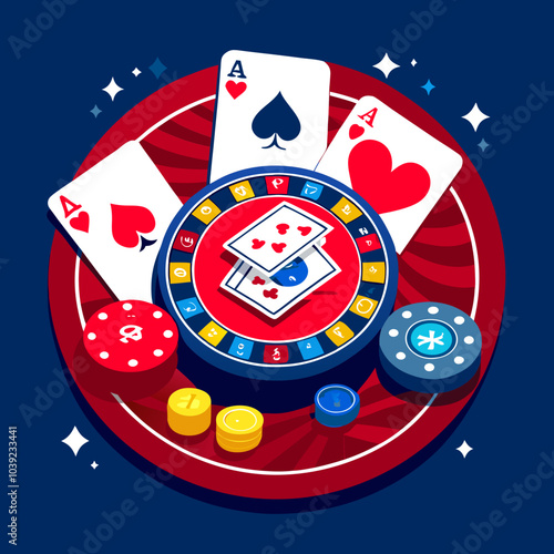 Playing cards and poker chips fly casino. Casino roulette concept on white background. Poker casino vector illustration. Red and black realistic chip in the air. Gambling poker mobile app icon.