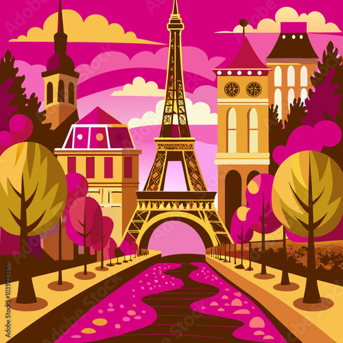 Eiffel Tower at sunset in Paris, France. Romantic travel background