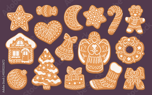 Collection of Christmas Gingerbread cookies stickers. Cute winter homemade sweets. Big set of New year holiday shapes isolated on green background. Vector illustration