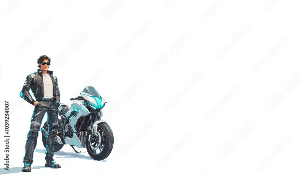Cool Rider: A confident man in stylish biker gear stands beside a sleek, futuristic motorbike, ready for an exhilarating ride. The minimalist backdrop emphasizes the subject and his bold. Cool Rider: A confident man in stylish biker gear stands beside a sleek, futuristic motorbike, ready for an exhilarating ride. The minimalist backdrop emphasizes the subject and his bold.
