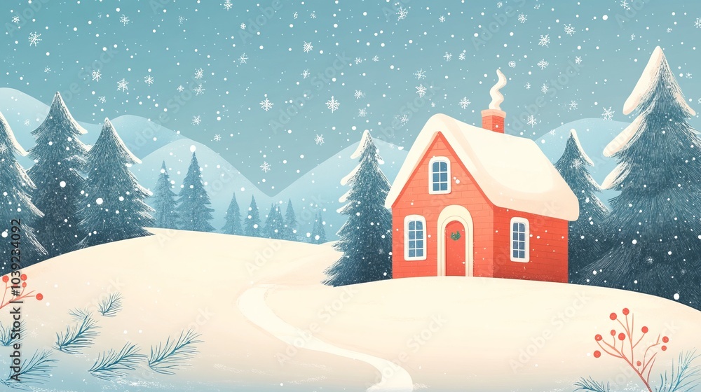 Fototapeta premium Charming red house in a snowy landscape surrounded by pine trees and mountains under a winter sky.