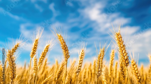 Golden wheat field, close-up of the ears against a blue sky background. Photograph taken with a Canon R5, with sharp focus.