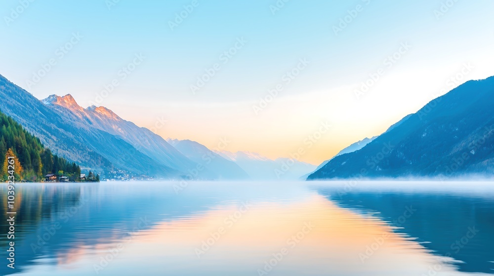A serene moment captured at dawn, showcasing a misty lake surrounded by mountains, with soft pastel colors reflecting on the water. The atmospheric conditions highlight the beauty of early morning A serene moment captured at dawn, showcasing a misty lake surrounded by mountains, with soft pastel colors reflecting on the water. The atmospheric conditions highlight the beauty of early morning