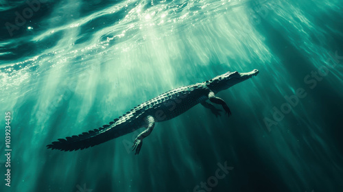 Crocodile Underwater:  A close-up of a crocodile swimming gracefully underwater, bathed in a ethereal glow of sunlight. The image evokes a sense of mystery and wonder.