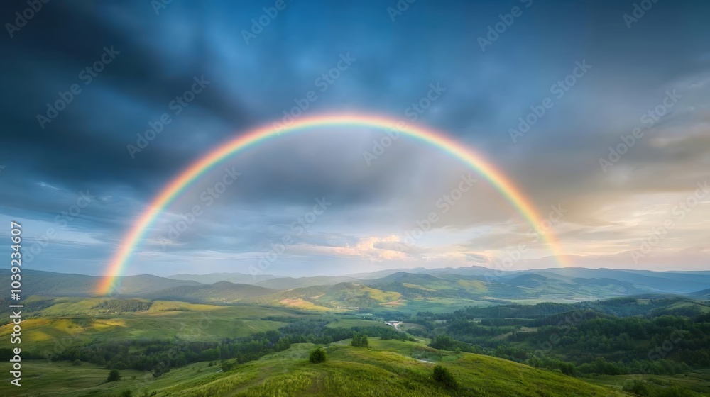An aerial view of a vibrant rainbow arching over a lush, green valley following a rain shower. The bright colors contrast beautifully with the deep blues and greens of the landscape, showcasing the An aerial view of a vibrant rainbow arching over a lush, green valley following a rain shower. The bright colors contrast beautifully with the deep blues and greens of the landscape, showcasing the