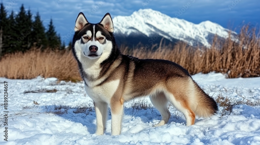 Fototapeta premium Husky in Snow with Mountain Range Background