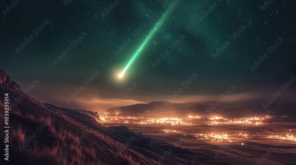 Green Meteor Streaks Across Night Sky: A mesmerizing green meteor streaks across the night sky, illuminating a distant city with its celestial glow, creating a breathtaking display of nature's power. Green Meteor Streaks Across Night Sky: A mesmerizing green meteor streaks across the night sky, illuminating a distant city with its celestial glow, creating a breathtaking display of nature's power.