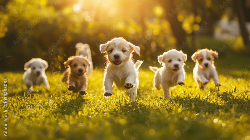 Fototapeta premium Puppies in the Sun: Adorable puppies in a flurry of playful energy race towards the camera, bathed in the warm glow of a setting sun.