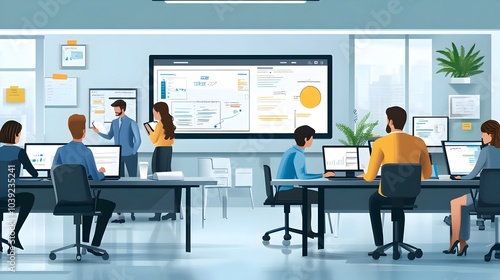 Team of Professionals Collaborating in Modern Office Environment Using Digital Devices