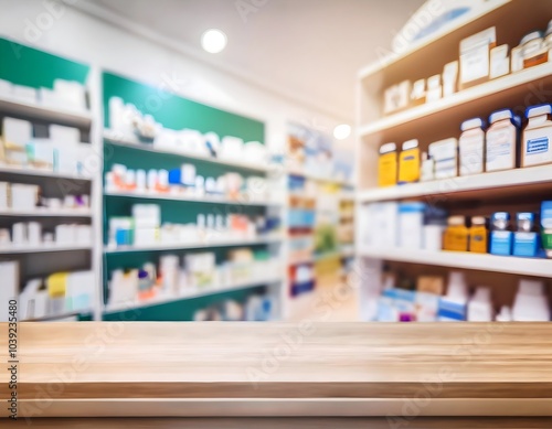 Pharmacy wood table counter with medicines healthcare product arranged on shelves in drugstore blurred defocused background, Pharmacy store background 