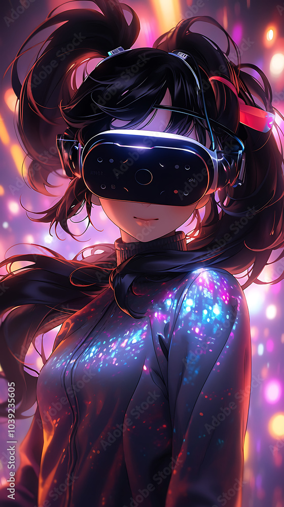 Anime girl character using virtual reality glasses Anime girl character using virtual reality glasses