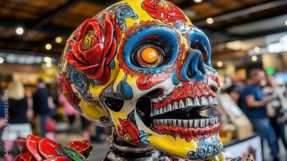 Fototapeta premium Luminous Sugar Skull with Colorful Floral Design