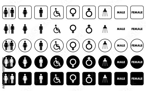 Sanitary sign symbol male female sanitary shower vector icons pictogram pictograph lavatory bathe handicap girl boy wheelchair signs