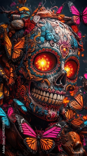 Wallpaper Mural Luminous Sugar Skull with Vibrant Butterflies Torontodigital.ca