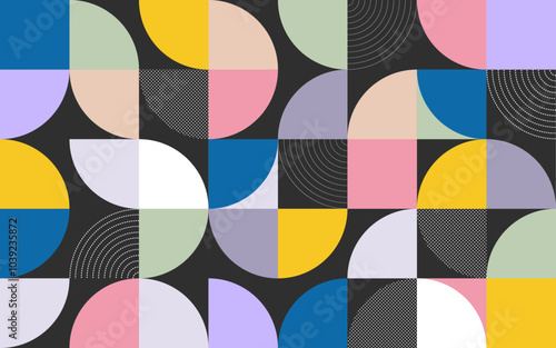 Scandinavian abstract color swiss geometric shape seamless pattern squares circles clean shape mordern creative style vector texture dark background fabric textile paper print