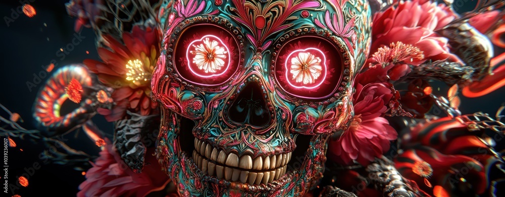 Luminous Sugar Skull with Floral Details Luminous Sugar Skull with Floral Details