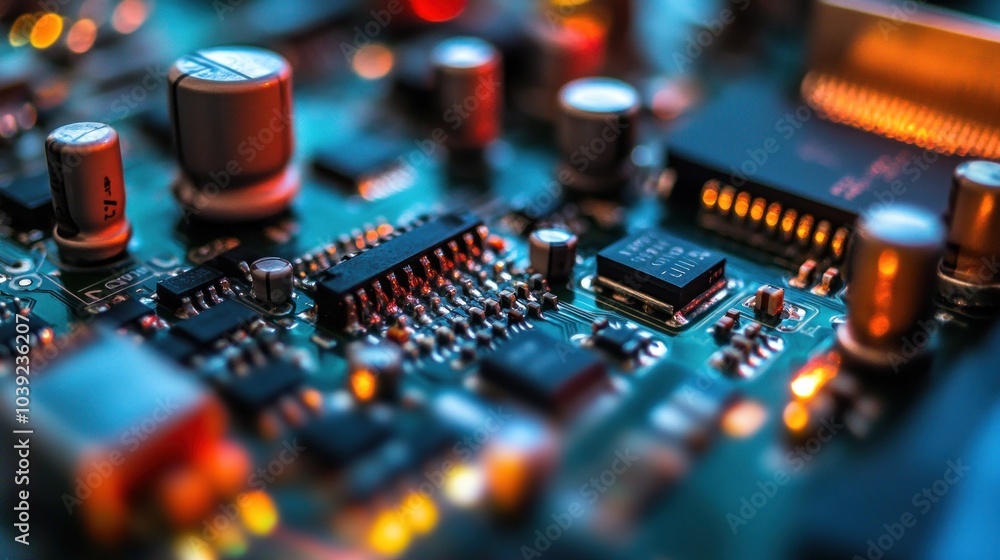 Close-up of a circuit board showcasing electronic components and connections. Close-up of a circuit board showcasing electronic components and connections.