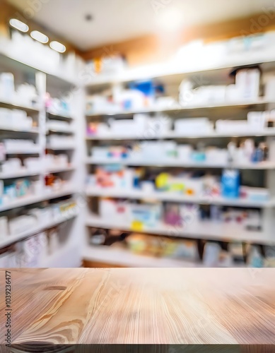 Wallpaper Mural Pharmacy wood table counter with medicines healthcare product arranged on shelves in drugstore blurred defocused background, Pharmacy store background  Torontodigital.ca