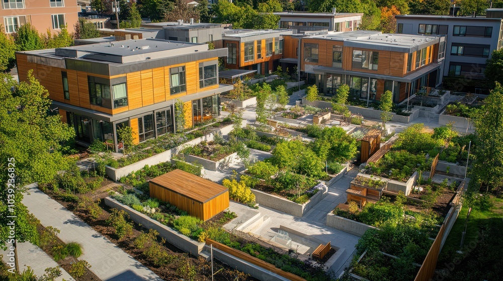 Fototapeta premium A modern urban co-housing community with shared living spaces, gardens, and communal kitchens, where residents enjoy a collaborative, eco-friendly lifestyle in the heart of the city.
