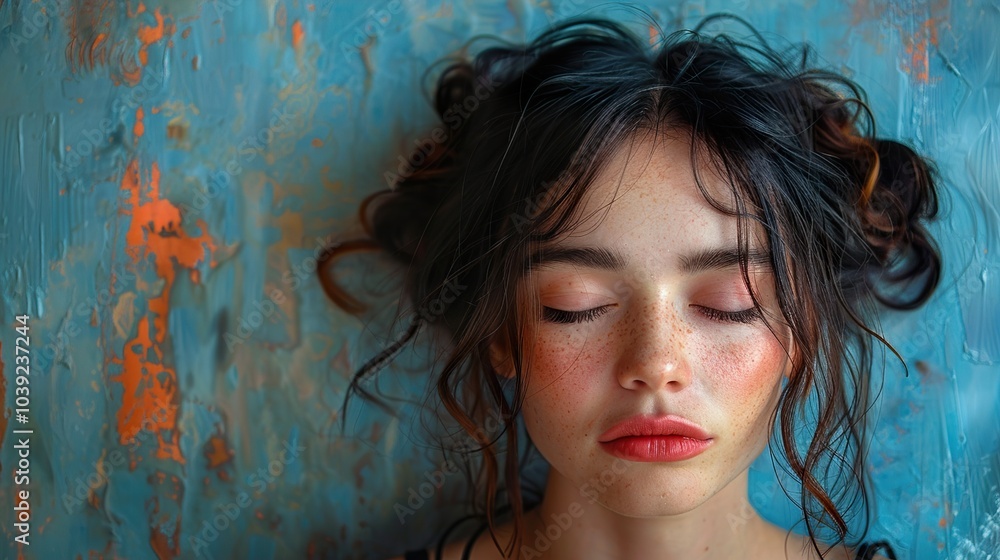 Close-Up Portrait of a Woman with Freckles and Closed Eyes Close-Up Portrait of a Woman with Freckles and Closed Eyes