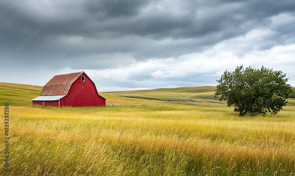 A red barn is surrounded by golden wheat in a picturesque rural landscape, A quintessential red barn A red barn is surrounded by golden wheat in a picturesque rural landscape, A quintessential red barn