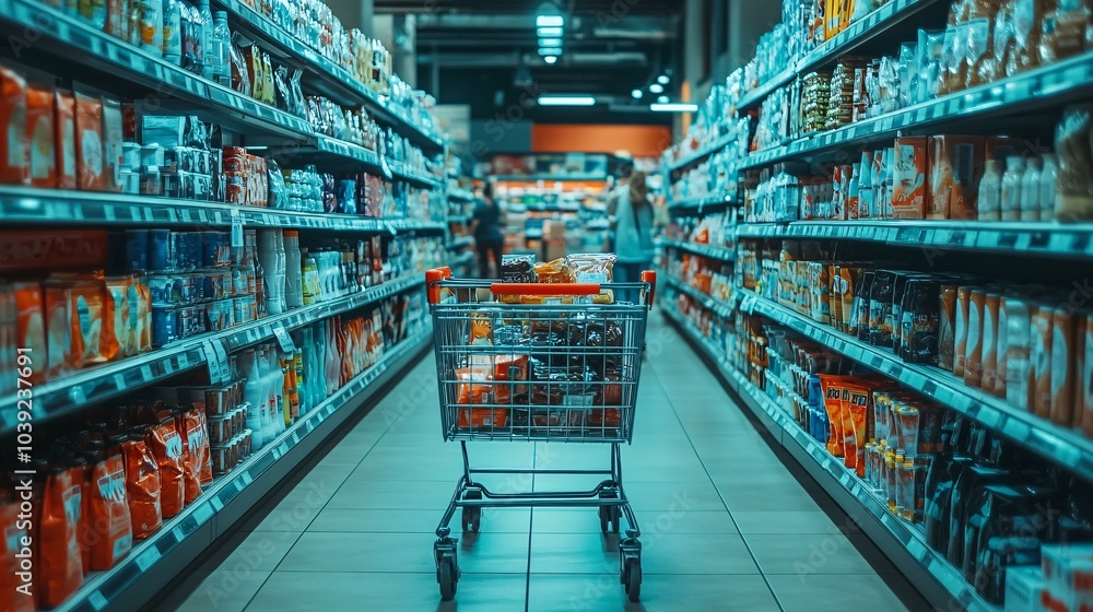 A shopping cart filled with groceries and household items being pushed through the aisles of a supermarket, with neatly arranged products on both sides A shopping cart filled with groceries and household items being pushed through the aisles of a supermarket, with neatly arranged products on both sides