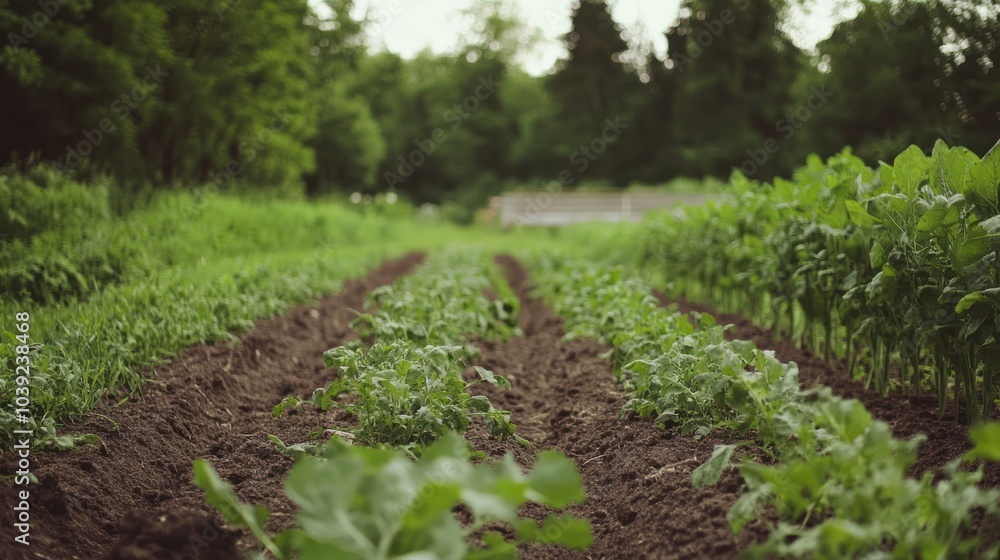 A no-till farm using minimal machinery, where soil health is maintained by crop rotation and organic mulching, with thriving plants growing in undisturbed soil A no-till farm using minimal machinery, where soil health is maintained by crop rotation and organic mulching, with thriving plants growing in undisturbed soil