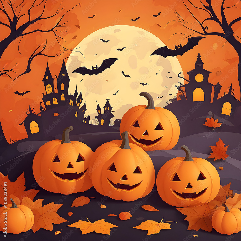Halloween background with pumpkins, bats and autumn leaves on orange color surface. Flat lay top view copy space concept for in all Halloween background with pumpkins, bats and autumn leaves on orange color surface. Flat lay top view copy space concept for in all