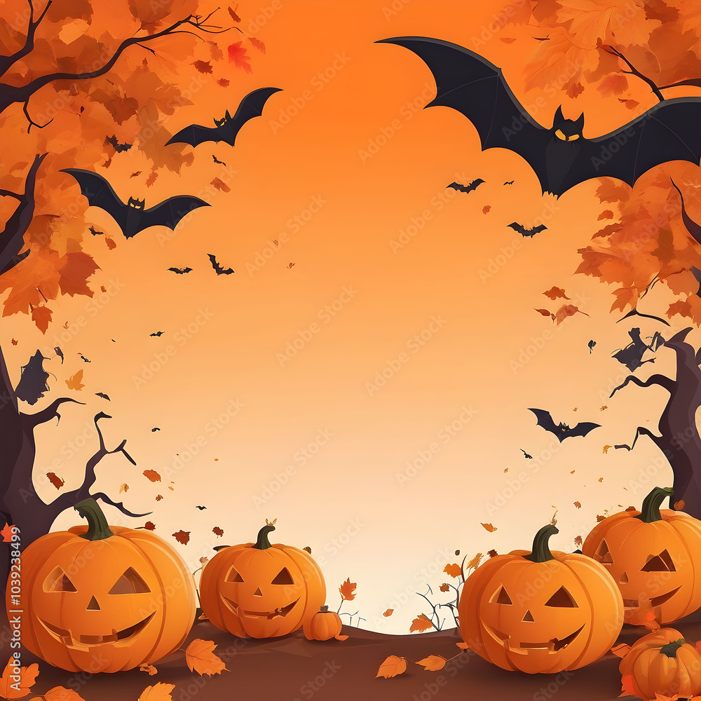 Halloween background with pumpkins, bats and autumn leaves on orange color surface. Flat lay top view copy space concept for in all Halloween background with pumpkins, bats and autumn leaves on orange color surface. Flat lay top view copy space concept for in all