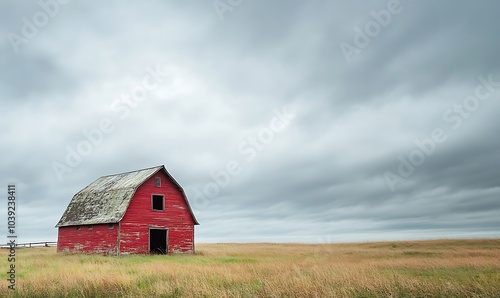 A red barn in a field with a cloudy sky in the background