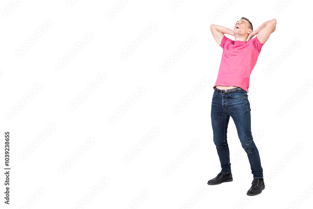 Happy relaxed man with hands behind head Happy relaxed man with hands behind head