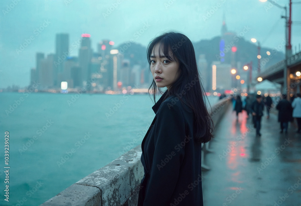 Young Asian woman in black suit standing on weathered pier with city skyline and gentle waves Young Asian woman in black suit standing on weathered pier with city skyline and gentle waves
