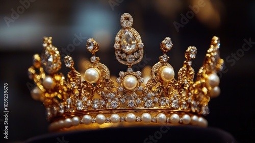 A golden crown adorned with pearls and diamonds, symbolizing royalty and elegance.