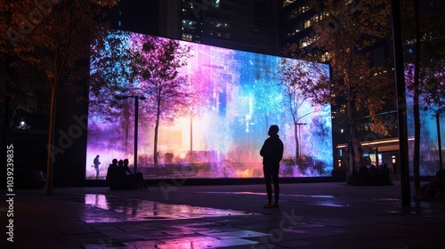 A powerful performance art piece in an urban square where a solo artist interacts with projected visuals and soundscapes, expressing a story through slow, deliberate movements. photo