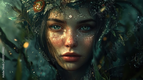 A mystical portrait of a young woman surrounded by nature, evoking enchantment and beauty.