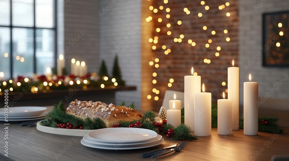 Dining room with a festive buffet, candles, and Christmas lights, 3D illustration Dining room with a festive buffet, candles, and Christmas lights, 3D illustration