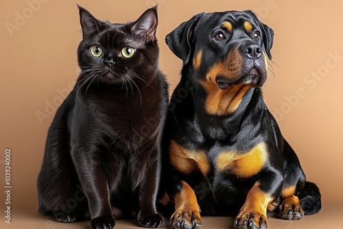 Tonkinese Cat and Rottweiler Together in Studio